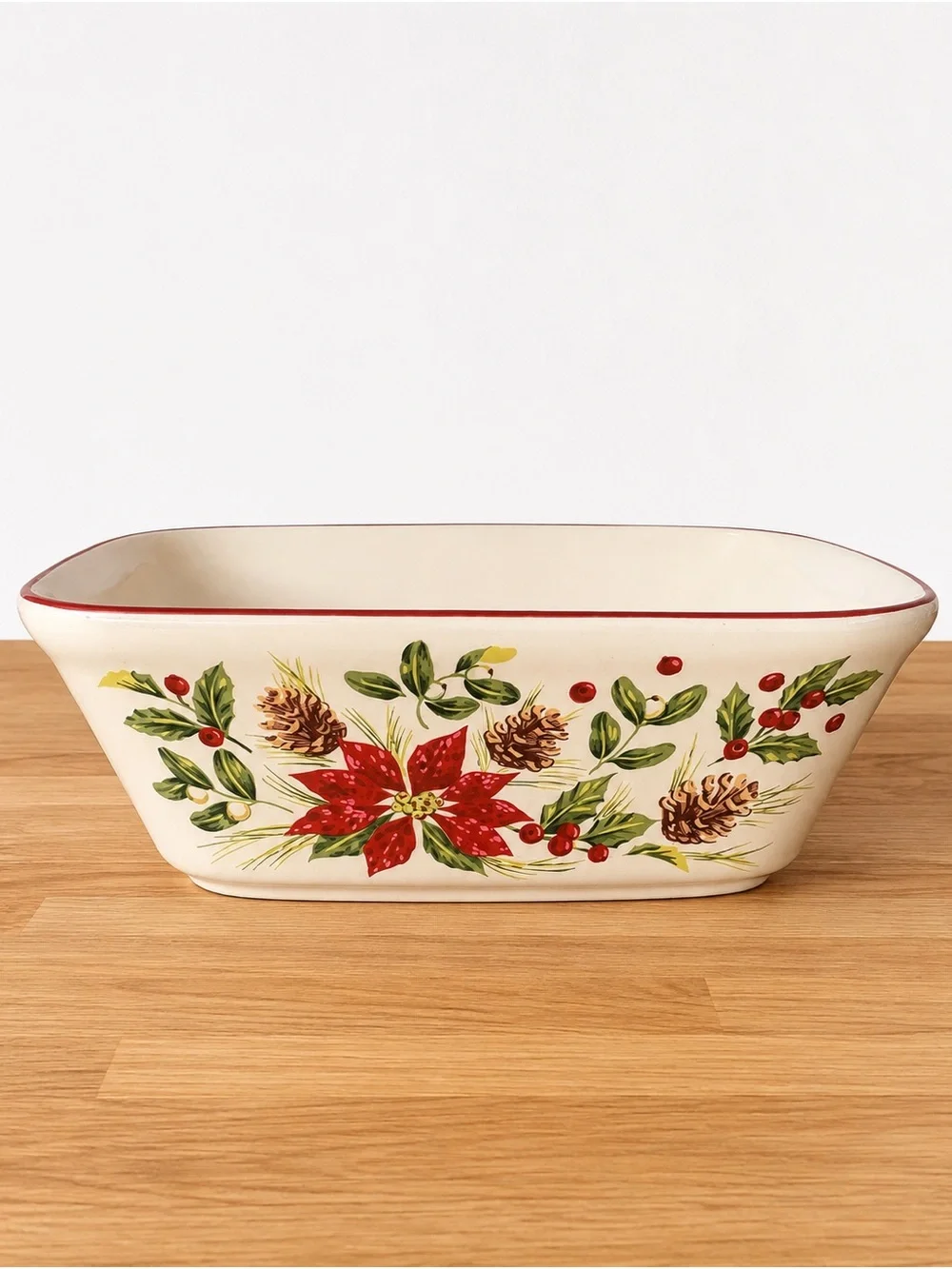 Longaberger Holiday Poinsettia Ceramic Baking Dish - Red, Green, Brown
